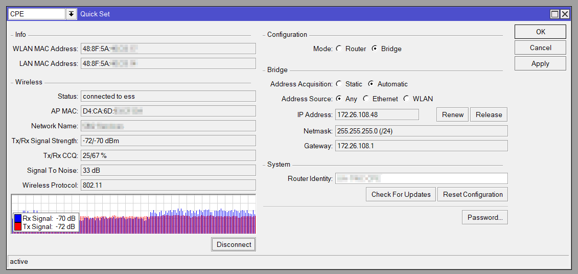 Image of the Mikrotik Quick Set window showing the Wi-Fi connection and initial bridge configuration of the mAP.