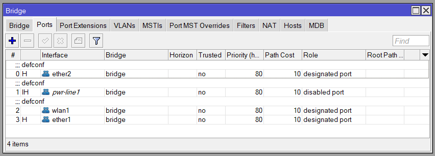 List of network ports showing connected to the default bridge, allowing traffic to flow from wlan to lan.