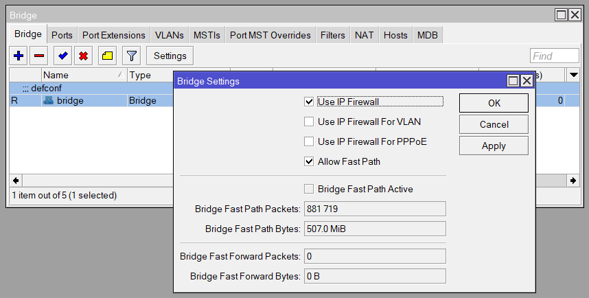 Bridge settings dialog showing the IP firewall is enabled for the bridge.