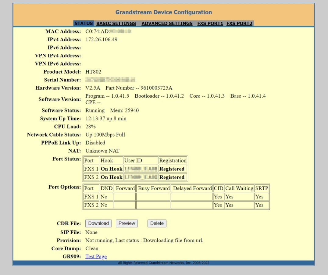 ATA status page showing the VoIP lines are registered.