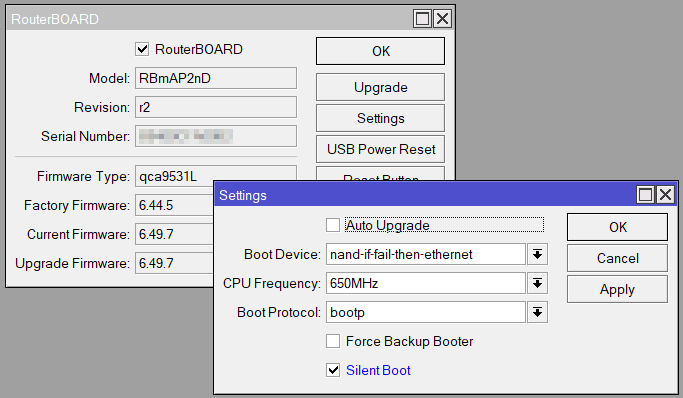 Image of Mikrotik WinBox RouterBOARD settings, with Silent Boot enabled.