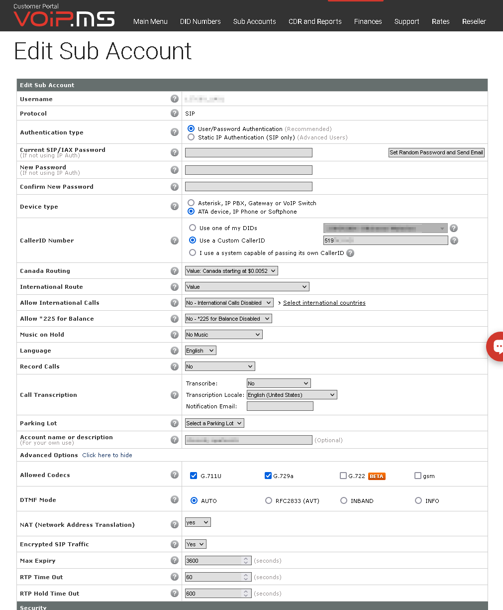 VoIP subaccount with (usually hidden) Encrypted SIP Traffic setting enabled.