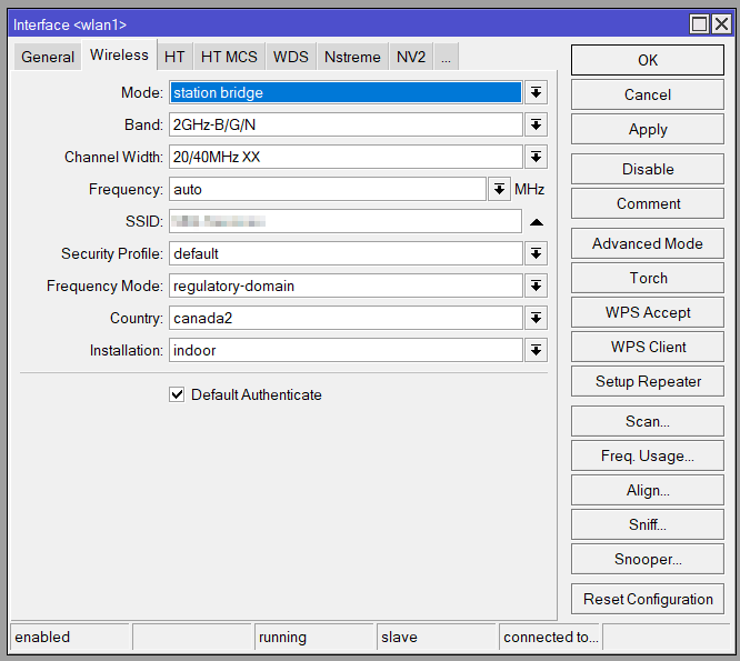 wlan1 interface, configured for our environment including wireless mode, regulatory domain, and so on.