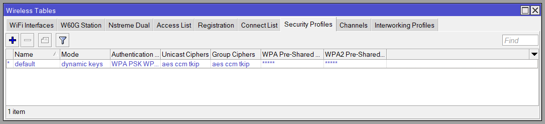 The Security Profiles tab of the wireless window, showing alterations to the default profile.