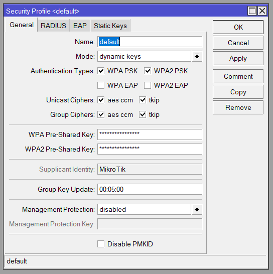 The Security Profile detail window, with WPA security settings enabled.